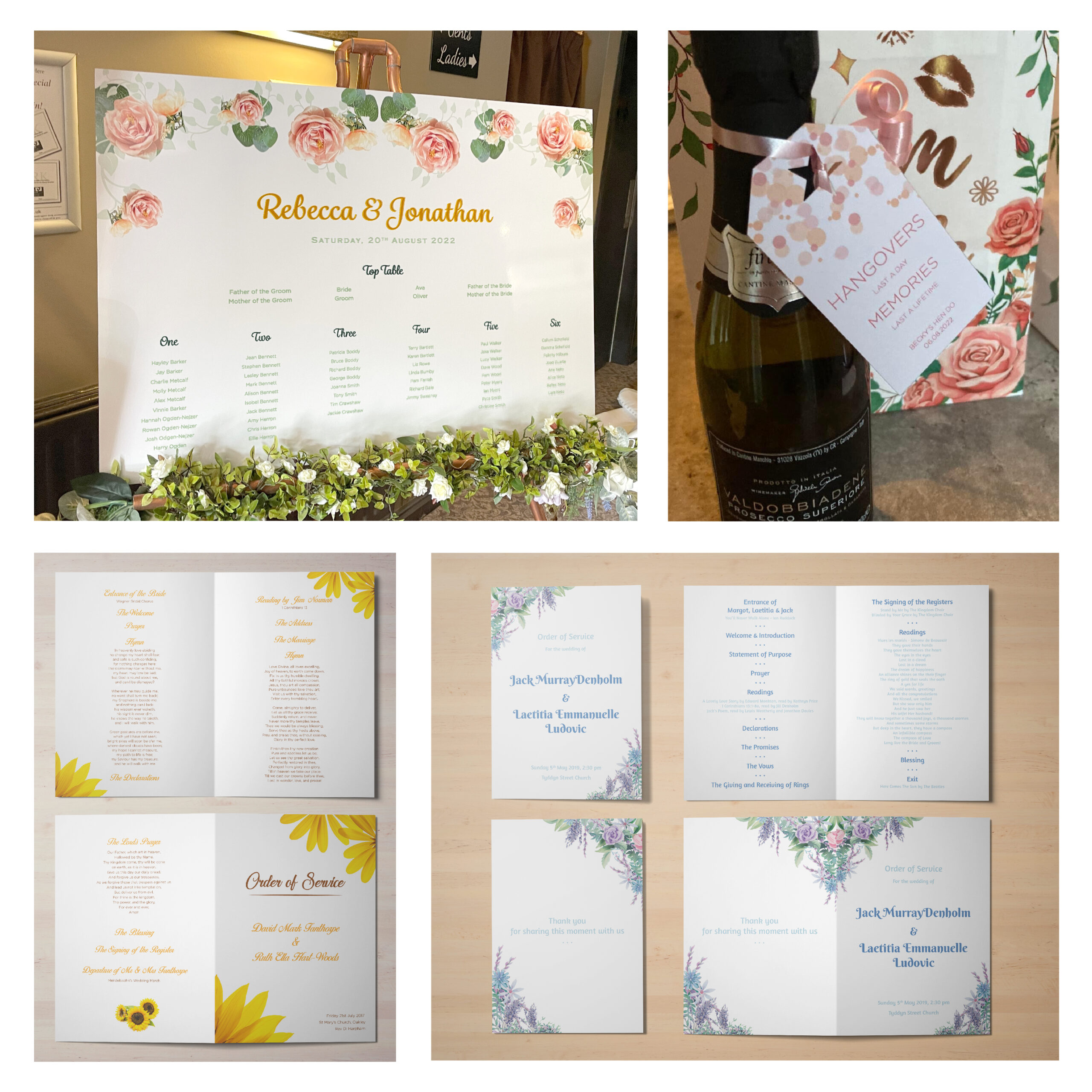 Wedding signs, orders of services and party favours