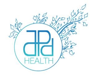 blue logo inside a circle with stylised leaves coming out of the circle. In the middle of the circle it reads JPD Health