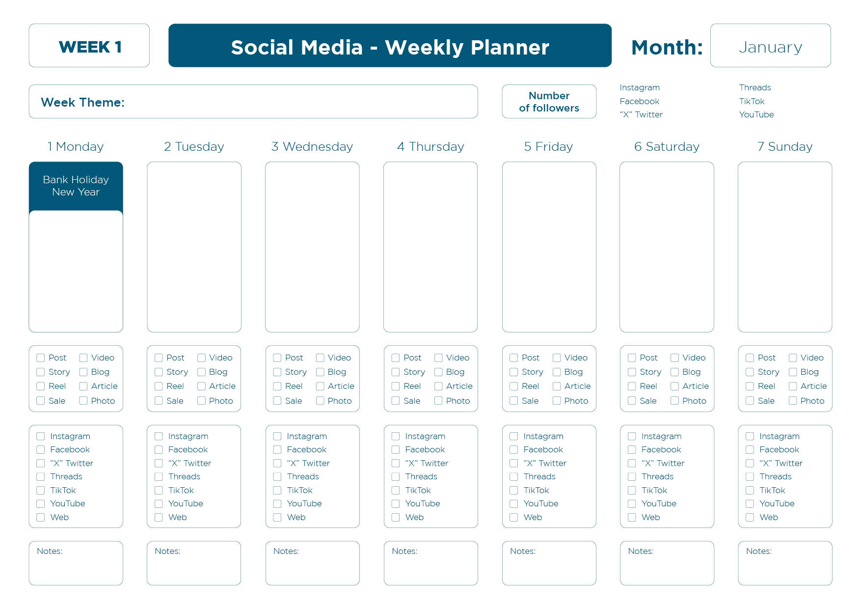 January 2024 Social Media Interactive Planner the image shows the cover in pink with the title and also the information that it is a week to page planner