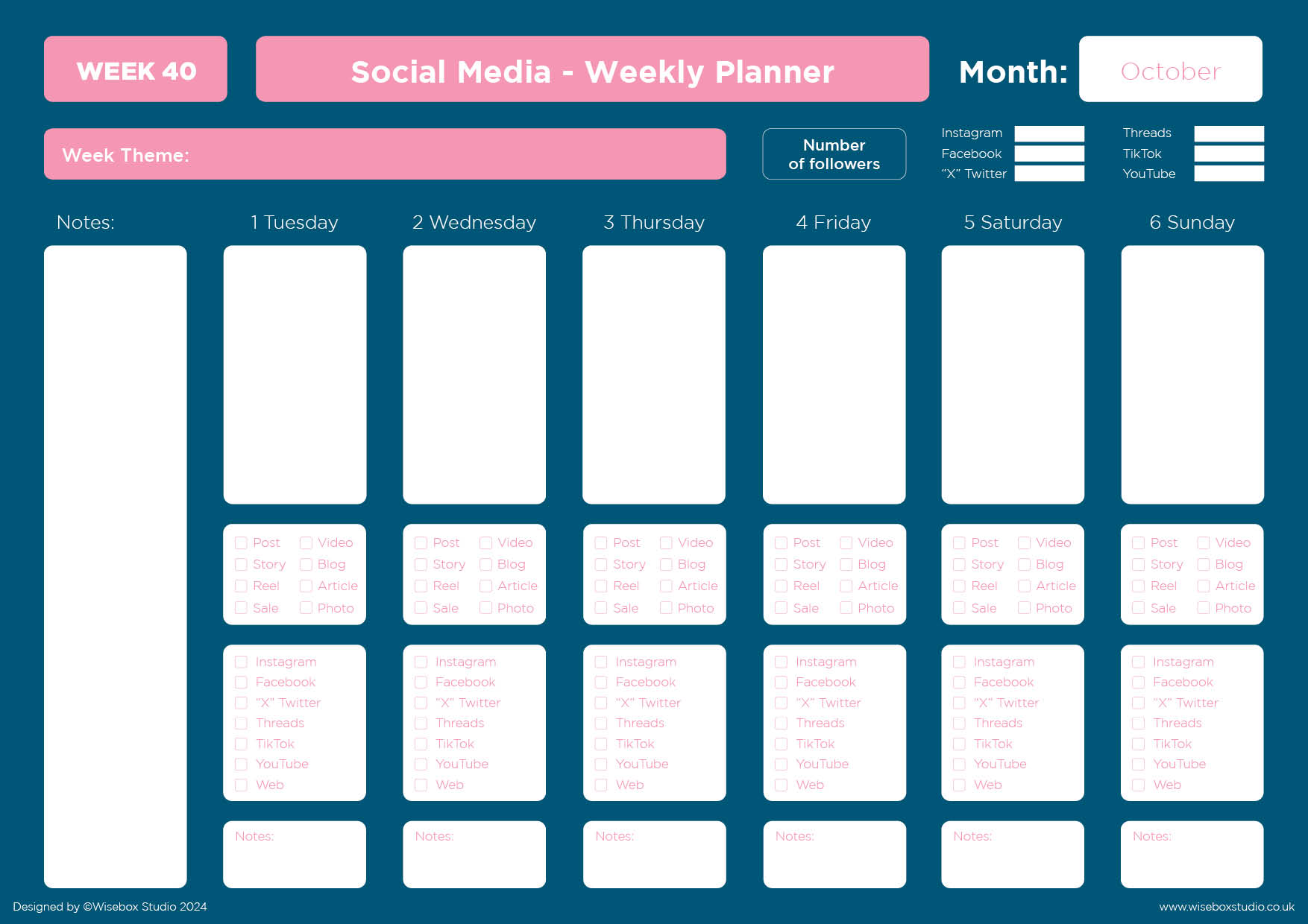 October 2024 Social Media Interactive Planner the image shows the cover in pink with the title and also the information that it is a week to page planner