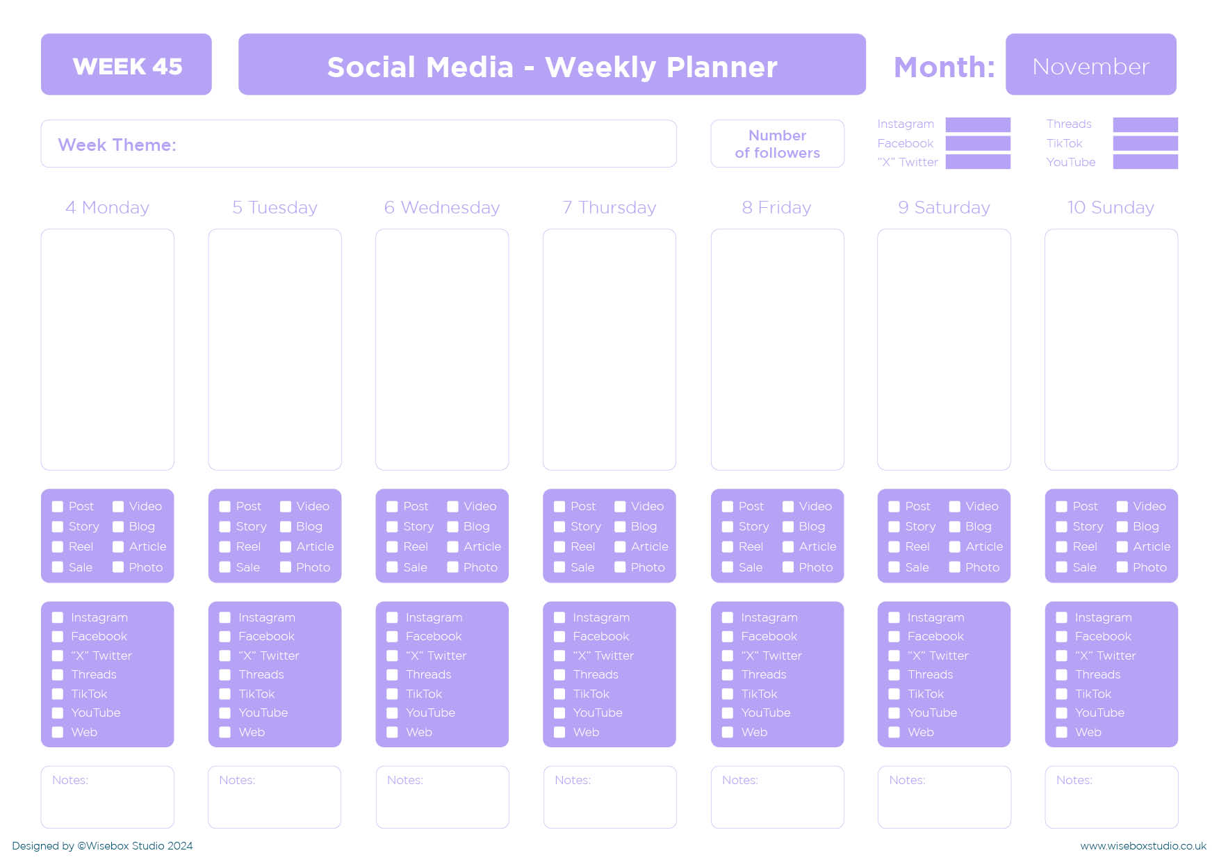 November 2024 Social Media Interactive Planner the image shows the cover in pink with the title and also the information that it is a week to page planner