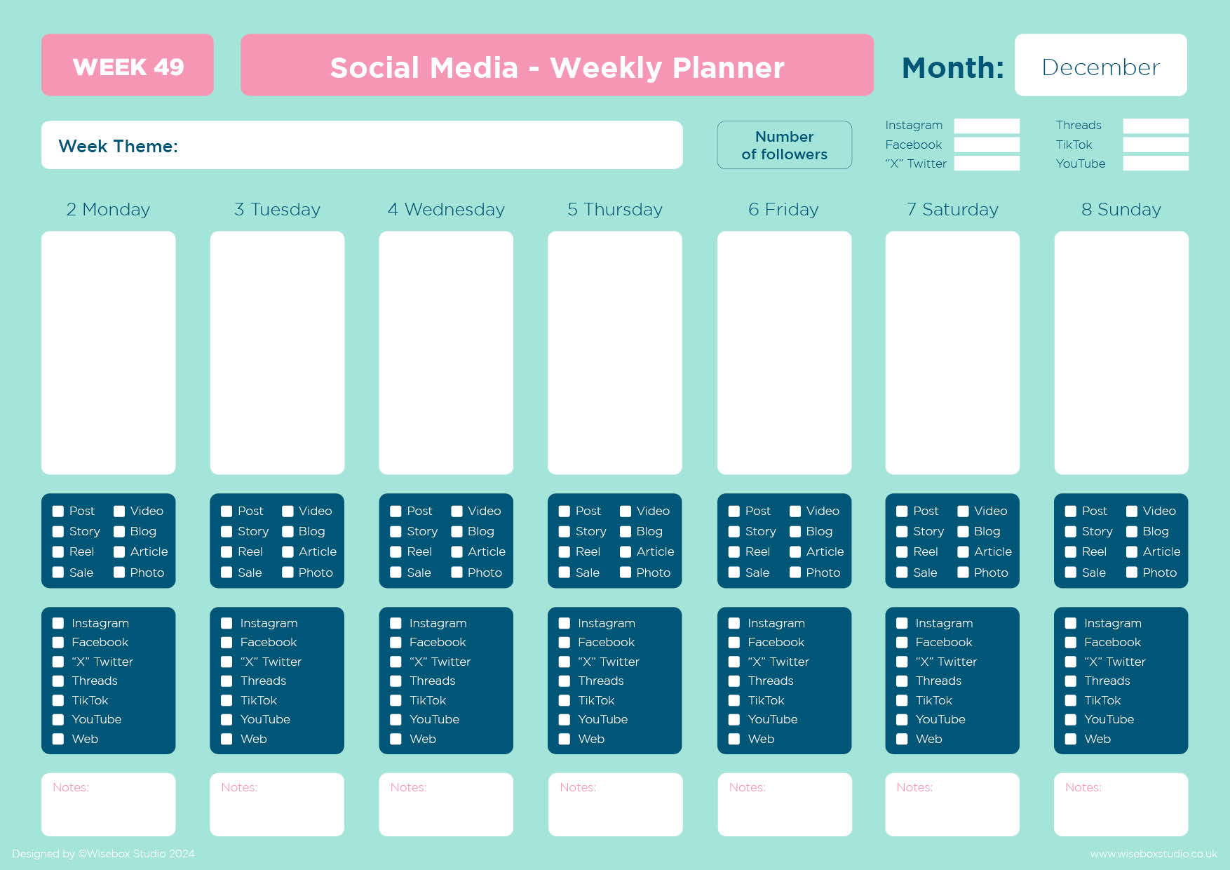 December 2024 Social Media Interactive Planner the image shows the cover in pink with the title and also the information that it is a week to page planner