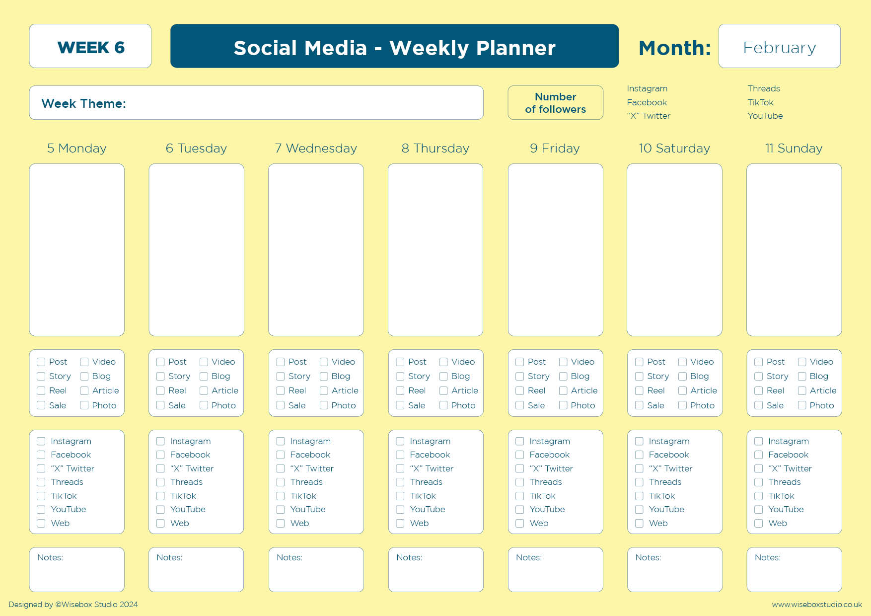 February 2024 Social Media Interactive Planner the image shows the cover in pink with the title and also the information that it is a week to page planner