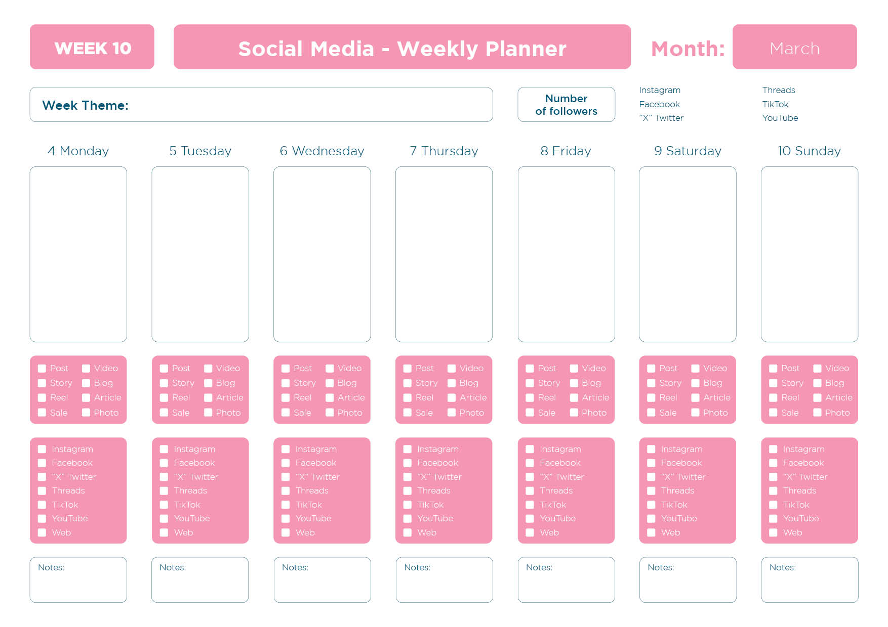 March 2024 Social Media Interactive Planner the image shows the cover in pink with the title and also the information that it is a week to page planner