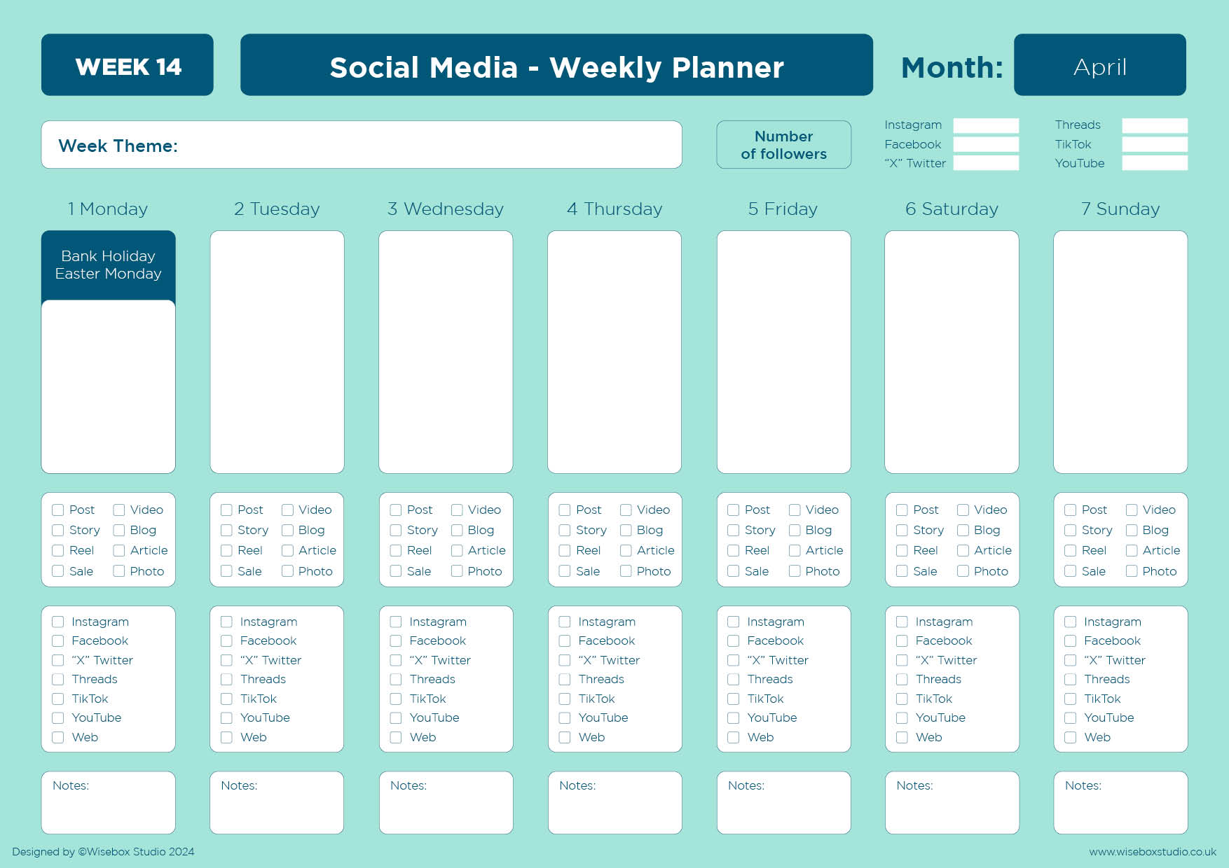 April 2024 Social Media Interactive Planner the image shows the cover in pink with the title and also the information that it is a week to page planner