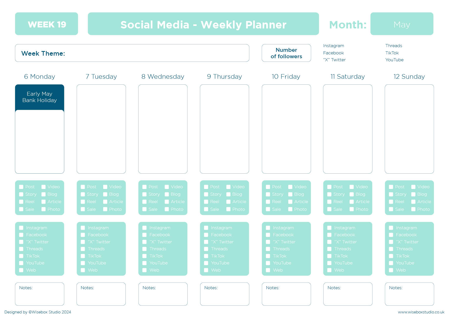 May 2024 Social Media Interactive Planner the image shows the cover in pink with the title and also the information that it is a week to page planner