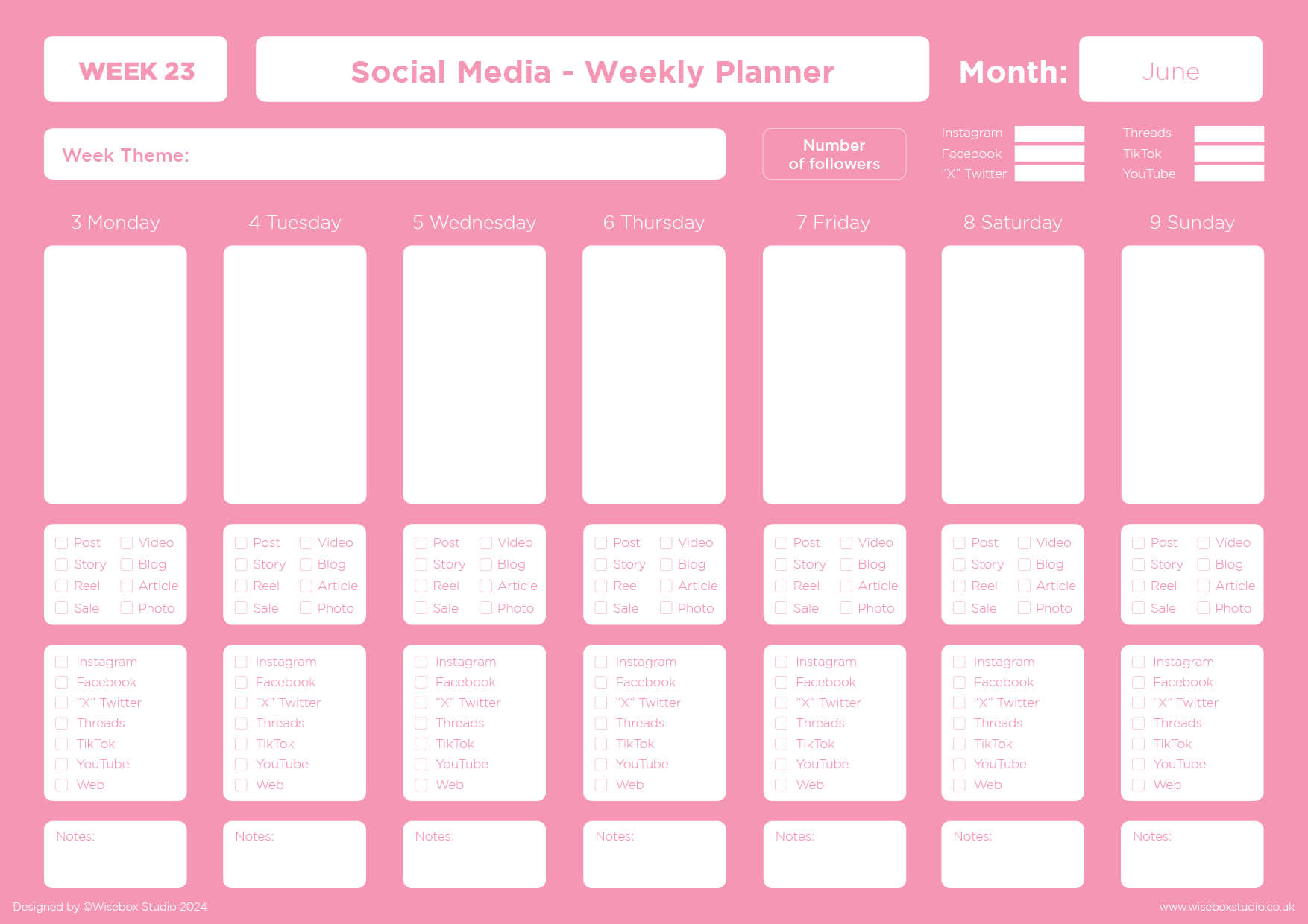 June 2024 Social Media Interactive Planner the image shows the cover in pink with the title and also the information that it is a week to page planner