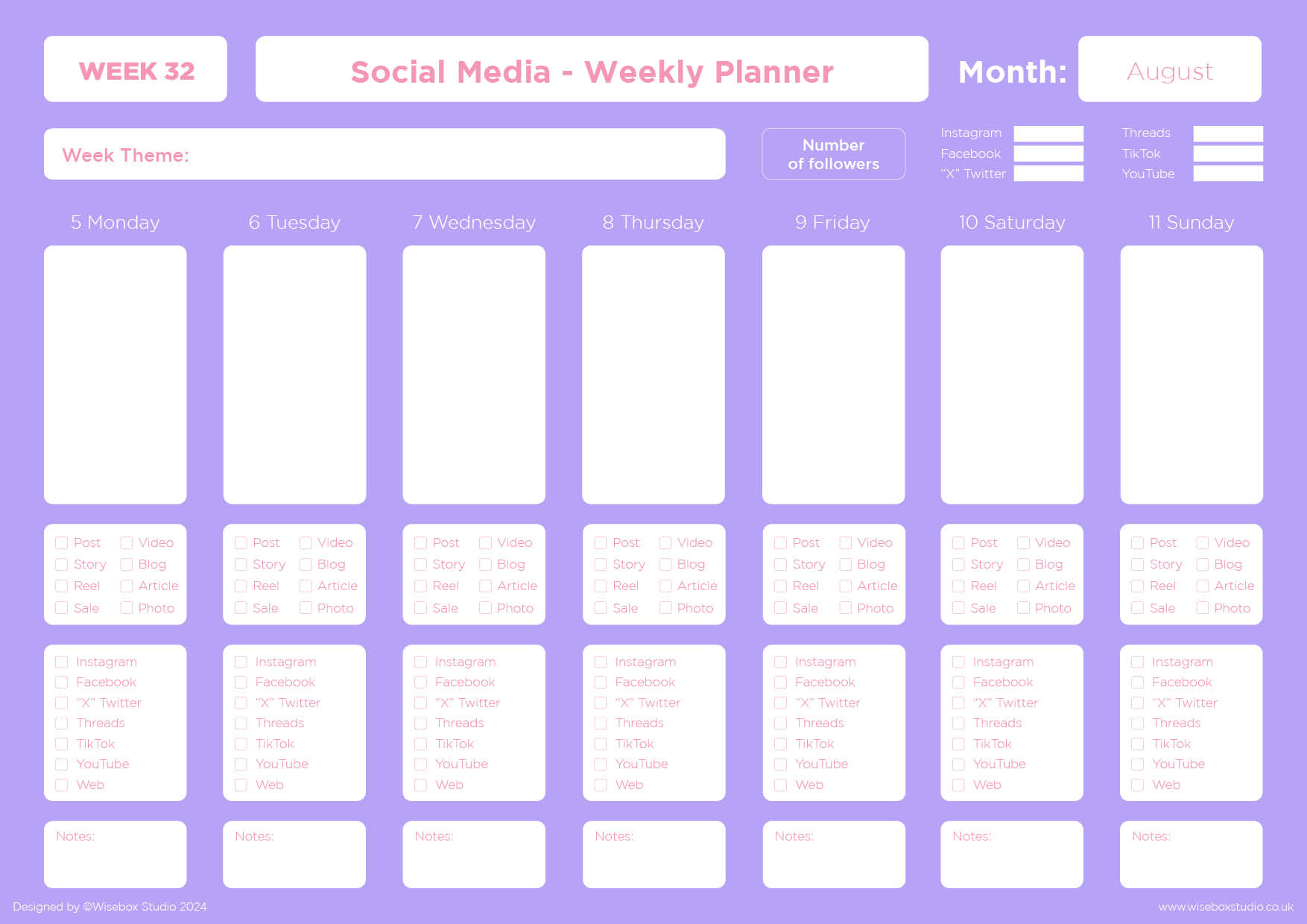 August 2024 Social Media Interactive Planner the image shows the cover in pink with the title and also the information that it is a week to page planner