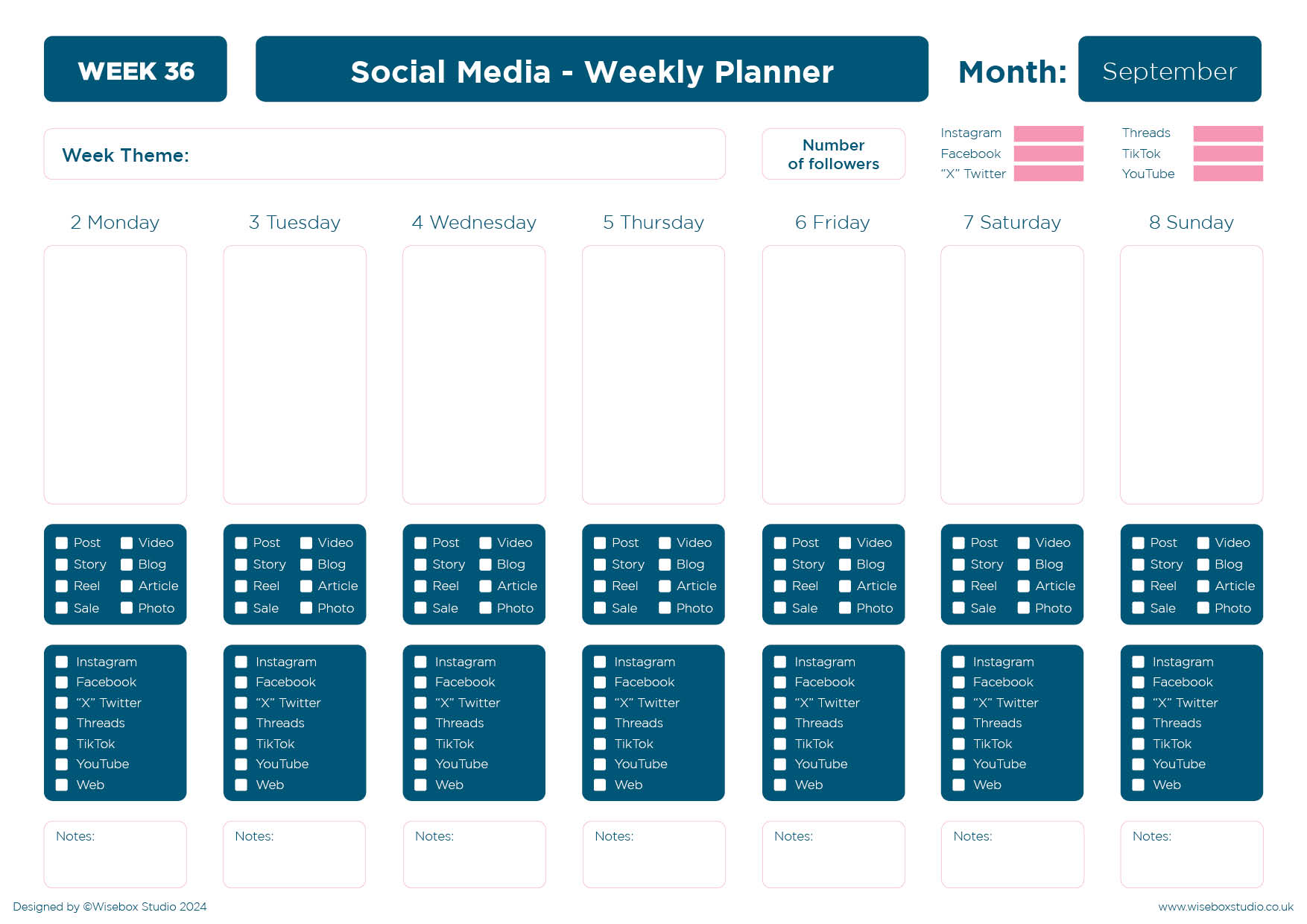 September 2024 Social Media Interactive Planner the image shows the cover in pink with the title and also the information that it is a week to page planner