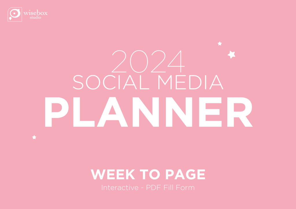 2024 Social Media Interactive Planner the image shows the cover in pink with the title and also the information that it is a week to page planner