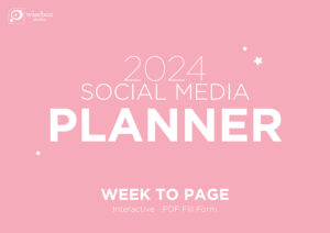 2024 Social Media Interactive Planner the image shows the cover in pink with the title and also the information that it is a week to page planner