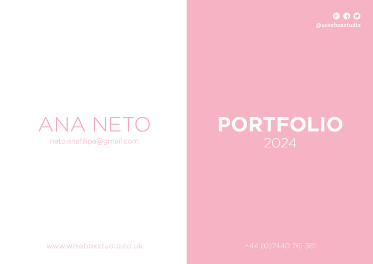 A4 page divided vertically in white on the left and pink on the right. The left side reads Ana Neto with an email address, and on the right side it reads Portfolio 2024