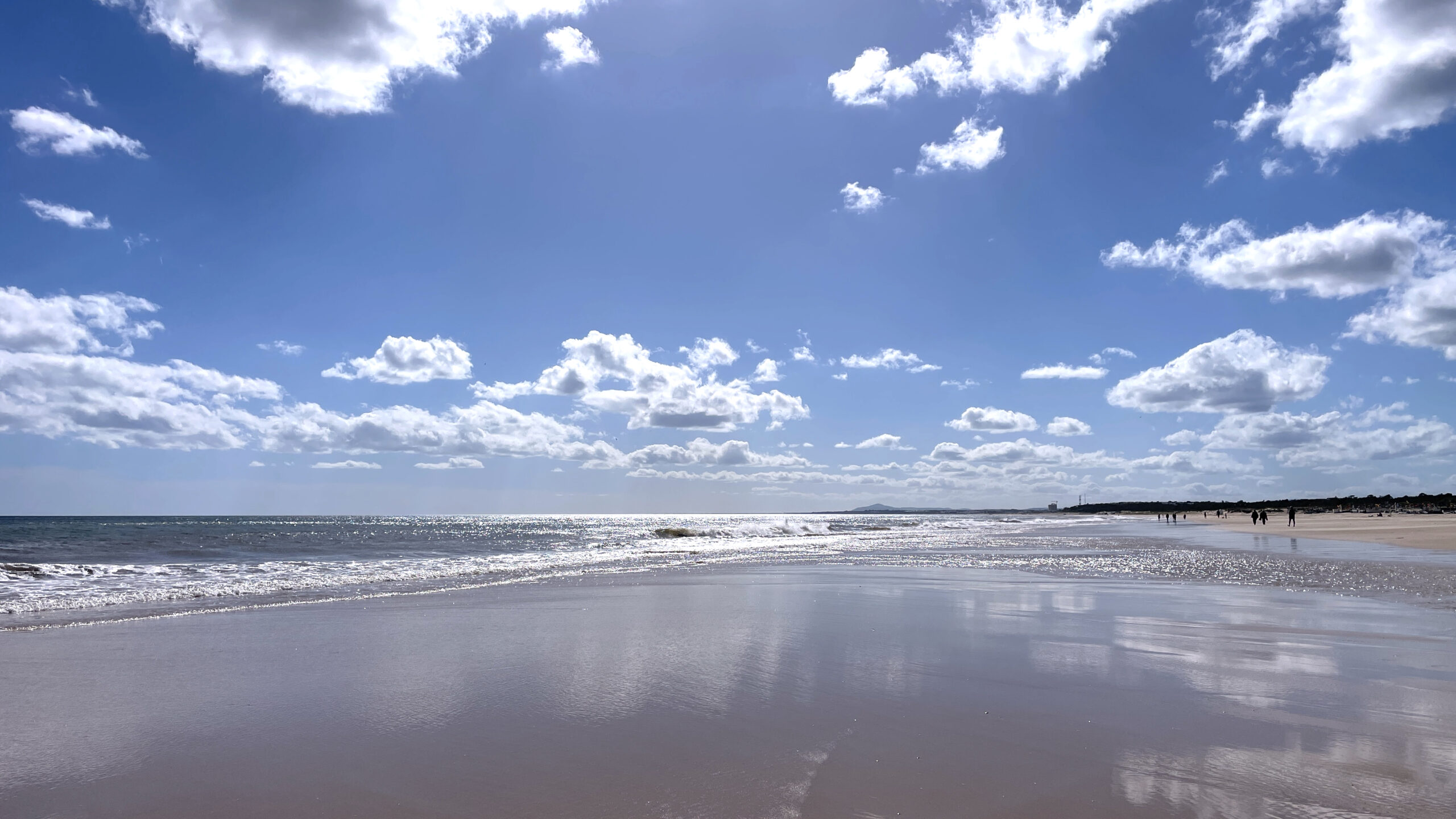 white sand beach in the Algarve, Portugal in low tide with the sky reflecting on the sand looking at the horizon with blue skies and some little white fluffy clouds